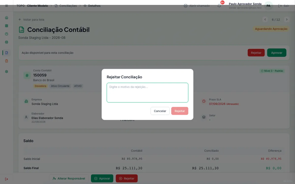 Janela Rejeitar Conciliação pedindo o motivo
