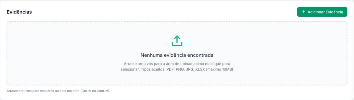 Área de evidências com o botão Adicionar Evidência
