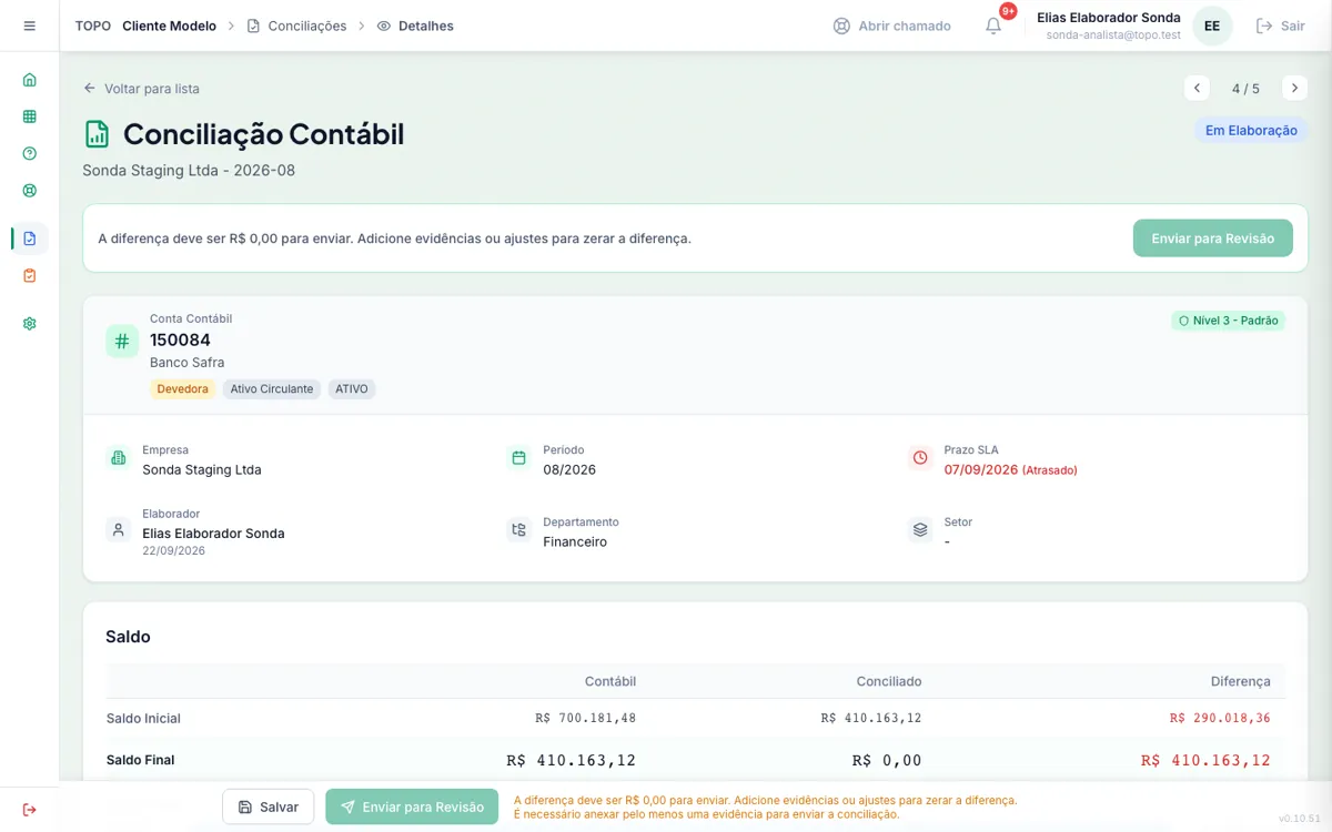 Ficha da conciliação com o saldo e o botão Enviar para Revisão