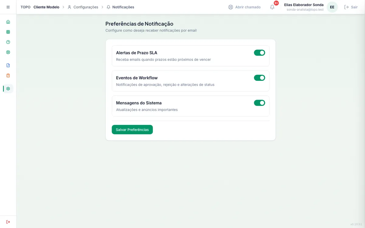 Tela Preferências de Notificação